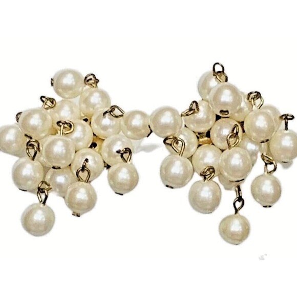 White Pearl Cluster Dangle Clip-On Statement Earrings 2" Wedding Jewelry - Picture 8 of 8